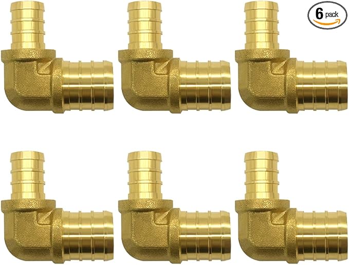 Hooshing 6PCS 3/4" Pex x 1/2" Pex Reducing Elbow 90 Degree PEX Fitting Solid Brass Barb Crimp Fittings