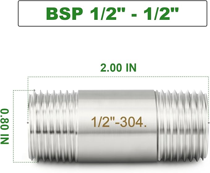 TAISHER 2PCS Stainless Steel Pipe Fittings, 1/2" BSP Male x 1/2" BSP Male Threaded, 2" Length Nipple Cast Pipe