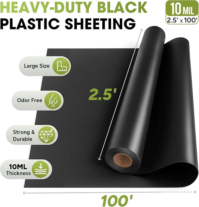 10 Mil Black Plastic Sheeting 2.5x100 FT – Heavy Duty Polyethylene Plastic Rolls for Garden, Black Plastic Rolls for Crawl Space Vapor Barrier, Construction, Landscaping, Weed and Moisture Control