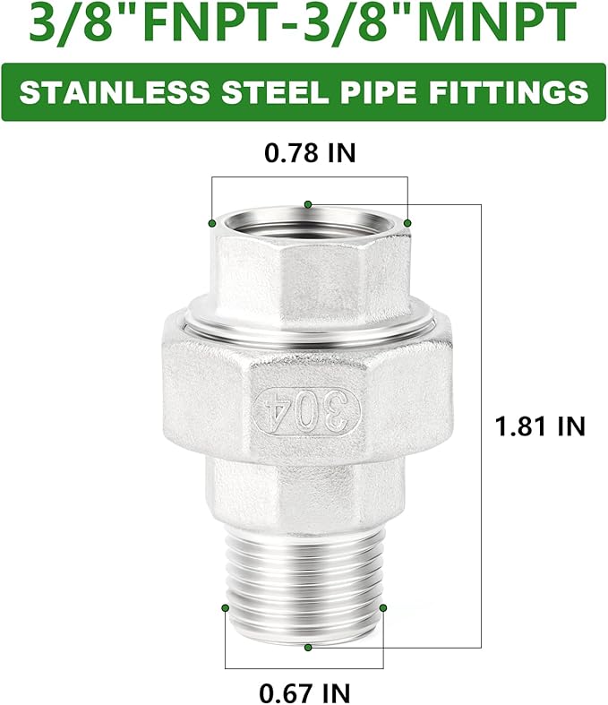 TAISHER 5PCS 304 Stainless Steel Union，3/8" NPT Male x 3/8" NPT Female Cast Pipe Fitting