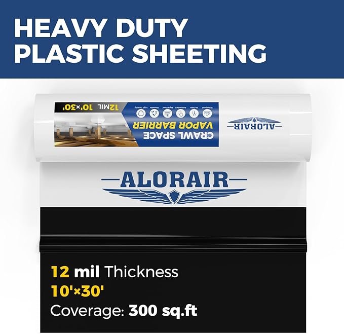 ALORAIR Crawl Space Vapor Barrier 12 mil 10'x30', Drop Cloth Vapor Barrier Covering for Crawlspace Encapsulation Moisture Control, Thick Plastic Sheeting Heavy Duty, Black and White Panda Film