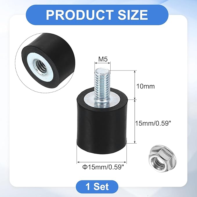 uxcell M5 Rubber Mounts, 1Pcs 15x15mm(DxH) Rubber Cylindrical Anti Vibration Isolator Shock Absorber with Lock Nut for Car Bobbin Generator Air Compressors
