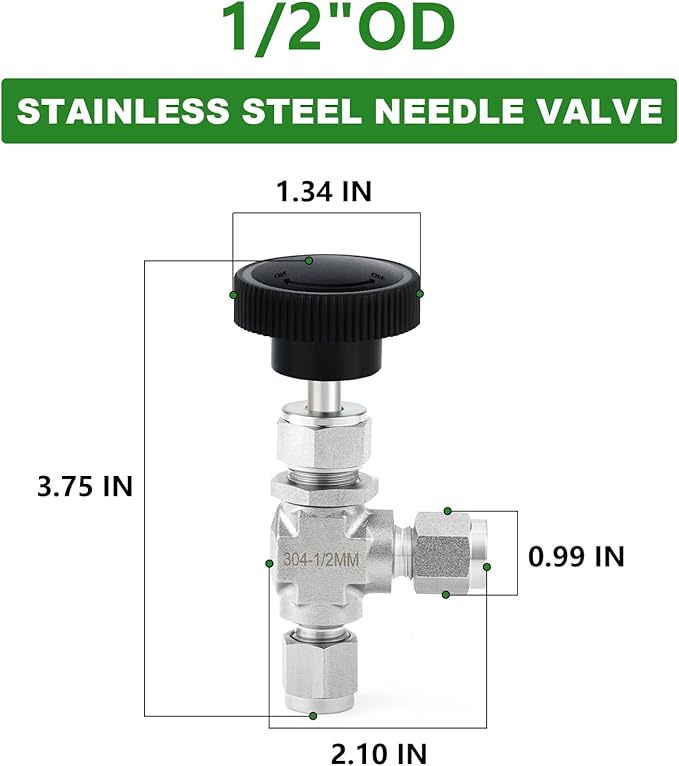 TAISHER 1PCS 304 Stainless Steel Compression Tube 90 Degree Needle Valve 1/2" Tube OD x 1/2" Tube OD For Flow Control Water Gas Oil