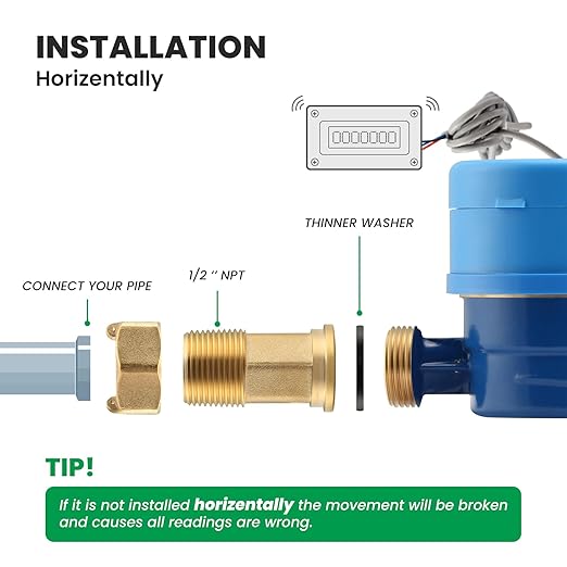 Watflow DN15 Water Meter 1/2" NPT, AWWA C712 Certification Gallon Water Flow Meter with Pulse Output, Cold Water Meter for Garden/Home/Apartment, Horizontal Install.