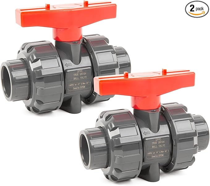 ChillWaves PVC Union Full Port Ball Valve，3/4"(DN20) True Union Ball Valve，ASTM EPDM O-ring，PTFE Seats，Suitable for Water Supply System，3/4" Slip Socket(2-PACK)