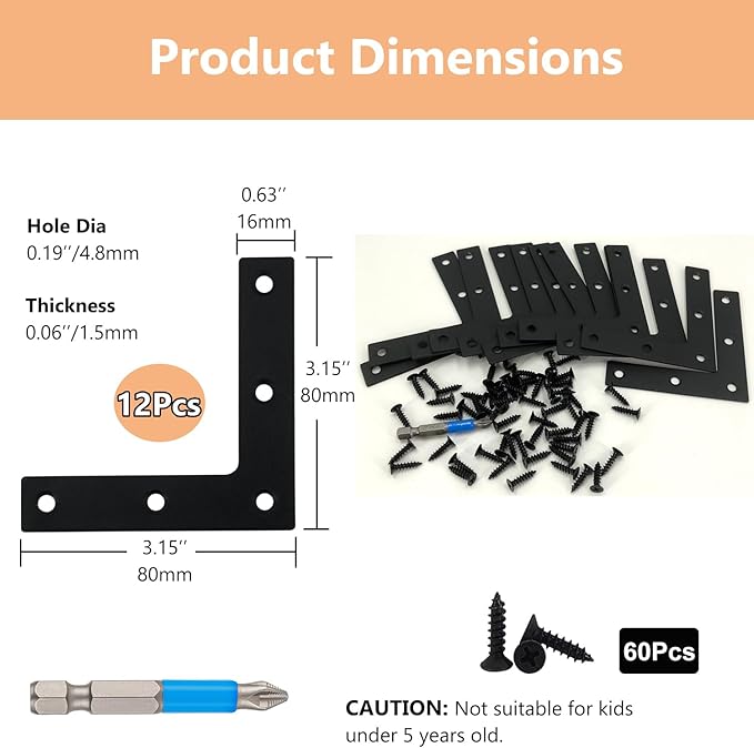 QSJ 12 Pcs L Flat Straight Brackets Corner Bracket Set 3.15'' Bracket Brace Mending Plate Stainless Steel for Wood
