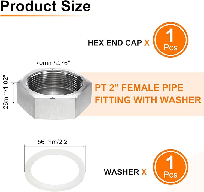 uxcell 1pcs Hex End Cap 304 Stainless Steel Nut with Washer, PT 2" Female Thread Pipe Fitting, Gas Line Water Line Stop Valve Cap Tubing Ends for Plumbing Fittings, Silver Tone