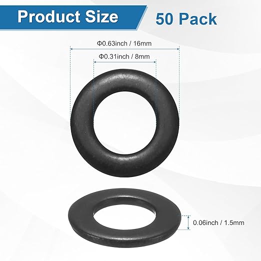 50-Pack M8 Flat Washers, Metric 16mm OD 1.5mm Thick 304 Stainless Steel Washers for Bolts Screws Nuts for Automotive/Machinery/Furniture, Flat Metal Washers [Black Galvanized]