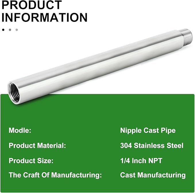 TAISHER 2PCS Stainless Steel Pipe Fittings, 1/4" NPT Male x 1/4" NPT Female Threaded, 10" Length Nipple Cast Pipe