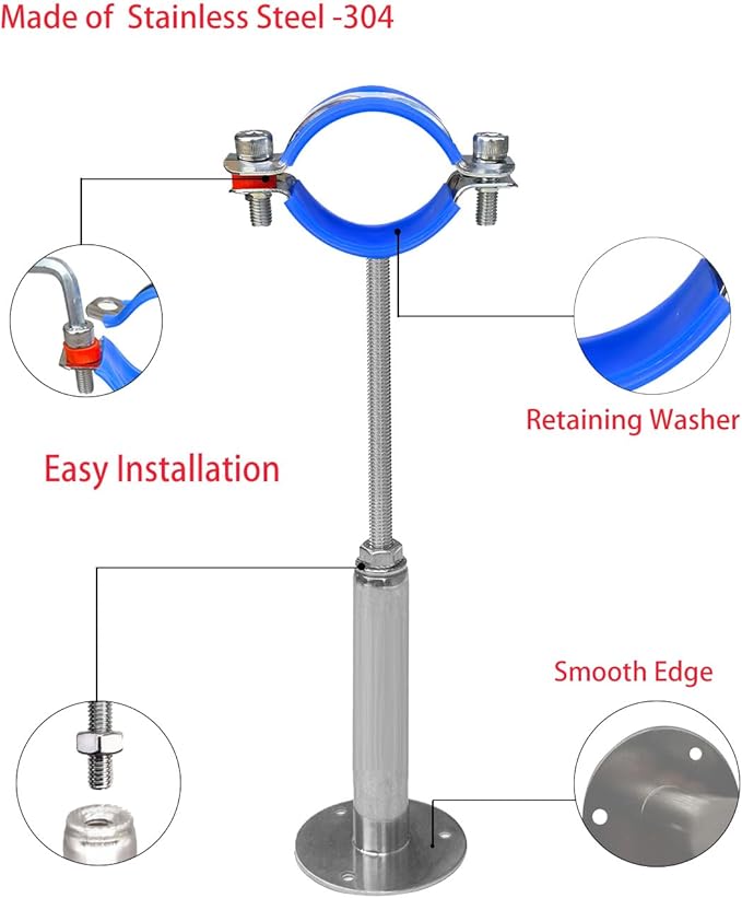Wall Mount Ceiling Mount Pipe Supports,Adjustable Pipe Clamps Stainless Steel 304,2PCS Suitable for Pipe OD 51-57mm Adjustable Height 100-200mm