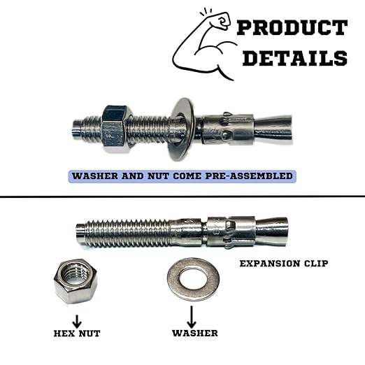 Wedge Anchors – Heavy-Duty 304 Stainless Steel Expansion Bolts for Concrete & Masonry, Rust-Resistant & Durable - 3/8" X 2-3/4" - 25 Pack