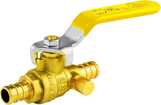 WiseWater 1/2 Inch X 1/2 Inch PEX Ball Valve with Drain, Brass Plumbing Fitting, Full Port Water Stop Shut Off Valve (5pack)