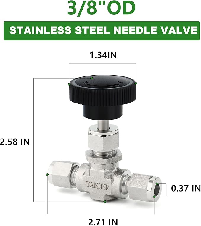 TAISHER 1PCS 316 Stainless Steel Compression Tube Straight Needle Valve 3/8" Tube OD x 3/8" Tube OD For Flow Control Water Gas Oil