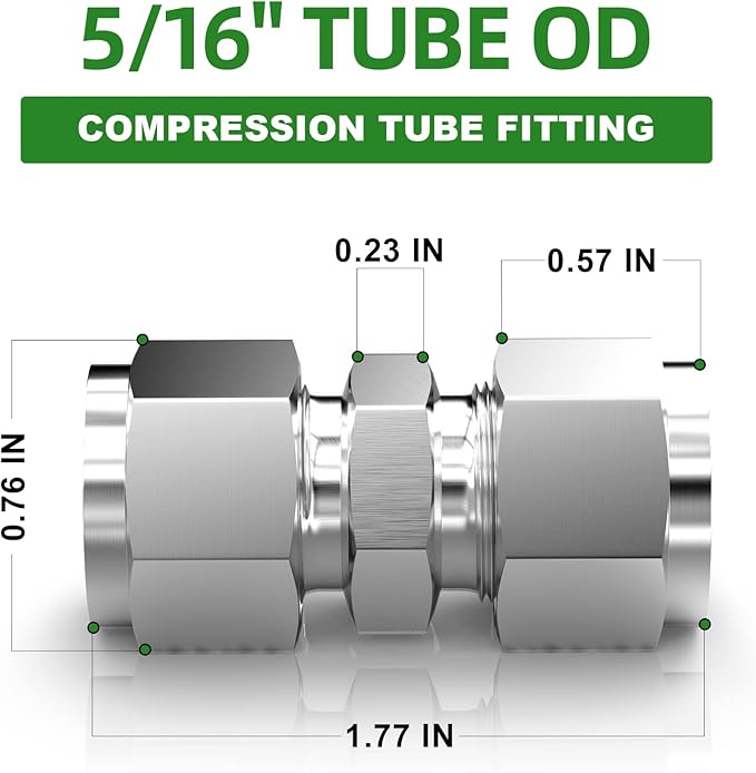 TAISHER 2PCS 304 Stainless Steel Compression Tube Pipe Fitting Connector, 5/16" Tube OD x 5/16" Tube OD Straight Adapter