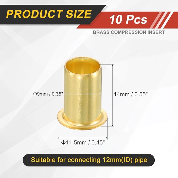 uxcell 10Pcs Fit for 9mm(3/8") Tube ID Brass Compression Fitting, Insert Tube Support Compression Sleeve Fitting, Sleeve Ferrules for Water Oil Air Pipe