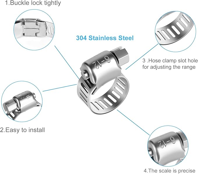 26PCS Stainless Steel Hose Clamps Assortment Kit, 1/4-2 in (6-51 mm) Adjustable Worm Gear Pipe Hose Clamp for Fuel Line, Plumbing, Automotive, Garden, Tube, Radiator, Mechanical Applications
