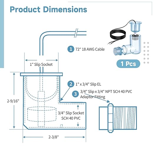yeesport SS2 AC Float Switch, L Shape AC Float Switch with 3/4 in Adapter & 6 Ft Wire, Water Level Sensor Switch for Air Conditioner Drain, Condensate Overflow Detection, HVAC Safety Accessory