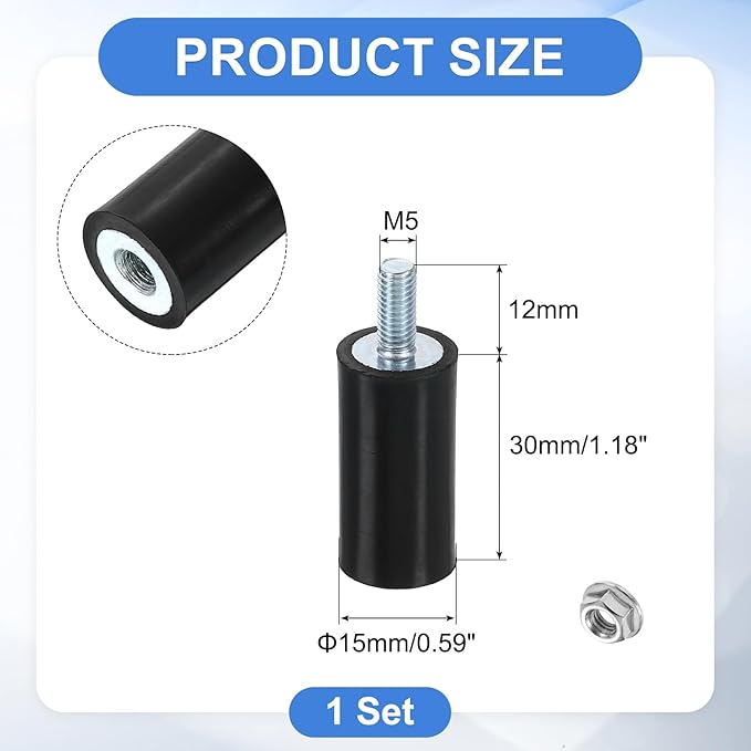 uxcell M5 Rubber Mounts, 1Pcs 15x30mm(DxH) Rubber Cylindrical Anti Vibration Isolator Shock Absorber with Lock Nuts for Car Bobbin Generator Air Compressors