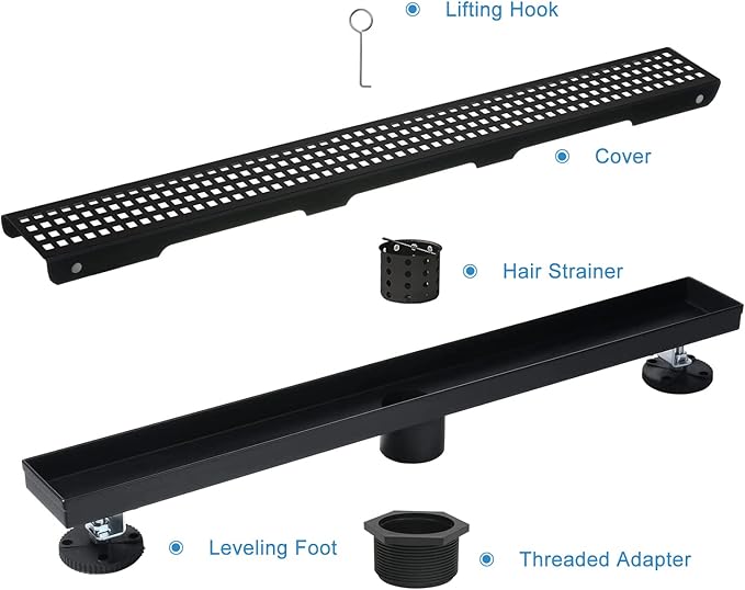 Linear Shower Drain, 48 inch Black Drain with Removable Grate Cover, Brushed 304 Stainless Steel Shower Floor Drain, Linear Drain with Hair Strainer and Adjustable Feet