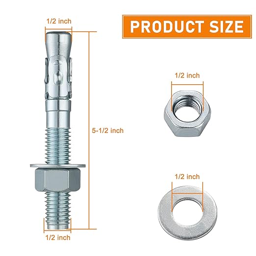 1/2 x 5-1/2 Inch 3 Pack Inch Standard Fasteners for Heavy Duty Zinc Wedge Anchors for Cement, Concrete, Brick & Masonry