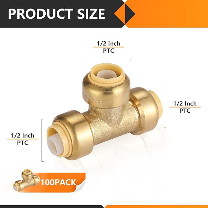 HeSun 100-Pack Pushfit Tee, 1/2"x1/2"x1/2" Push to Connect Plumbing Fittings with Disconnect Clip, Brass Push-fit Fittings for PEX, Copper, CPVC, PE-RT Pipes