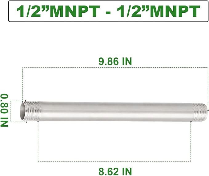 TAISHER 2Pcs Stainless Steel Pipe Fittings, 1/2" NPT x 1/2" NPT Male Threaded, 10" Length Nipple Cast Pipe