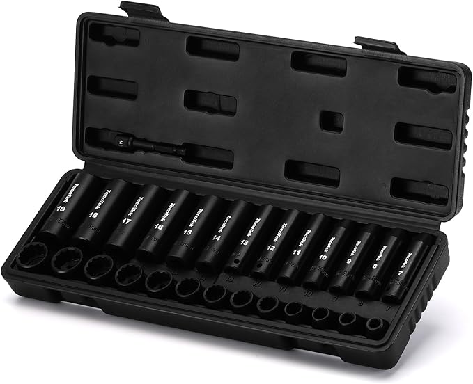 27 Pieces 3/8-Inch Drive 12-Point Metric Impact Socket Set, CR-V, 7mm to 19mm, Standard and Deep, 1/4"-3/8" Drill Adapter