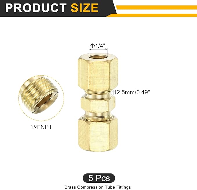 uxcell 3Pcs Brass Compression Tube Fitting, 1/4" Tube OD x 1/4" Tube OD Connector Straight Coupling Adapter Union Fittings