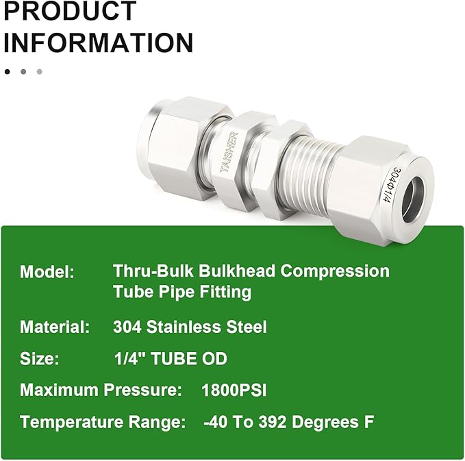 TAISHER 1PCS 304 Stainless Steel Thru-Bulk Bulkhead Compression Tube Pipe Fitting Connector, 1/4" Tube OD x 1/4" Tube OD Straight Adapter