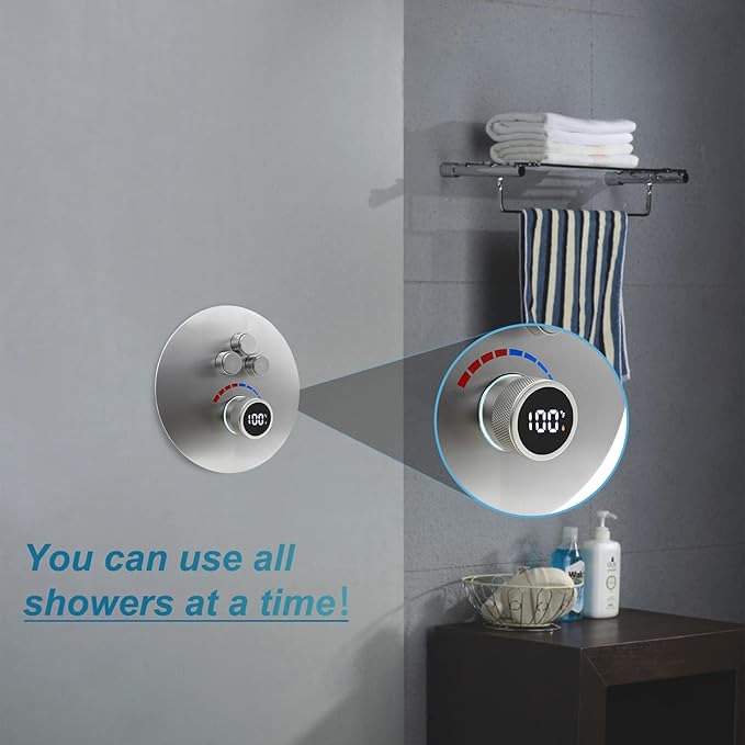 Round Digital Display Shower Valve 3 Way Shower Mixing Valve Concealed Installation Can Use All the Time Brushed Nickel