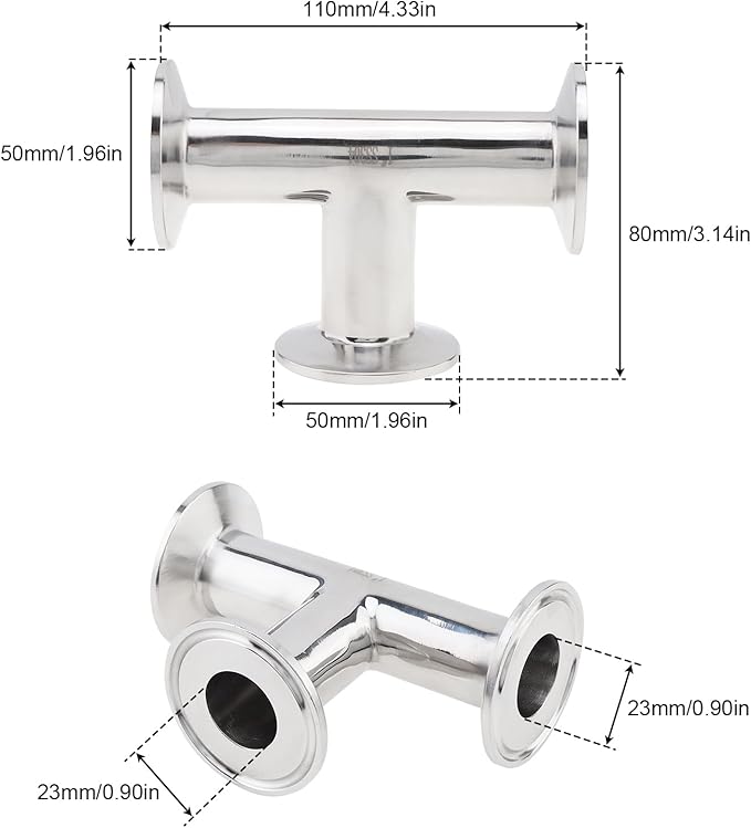 3-Way Tri-Clamp Tee Sanitary Fitting, 304 Stainless Steel, 1-inch OD (25 mm), Fits 1.5-inch Tri Clamp