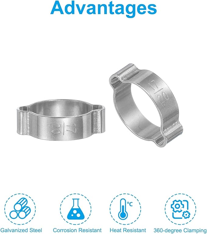 PATIKIL 25 Pack 17-20mm Double Ear Hose Clamp, 304 Stainless Steel O Clip Crimp Rings for Fuel Petrol Pipe Tube Fitting Connections, Silver Tone