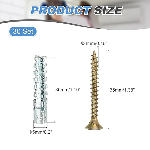 PATIKIL 30 Pcs Drywall Hollow Wall Anchors with Screws 0.16 x 1.38, Steel Dry Wall Anchors Kit for Wooden Concrete Plaster Hinge Hole Repair, Silver (5 x 30mm)