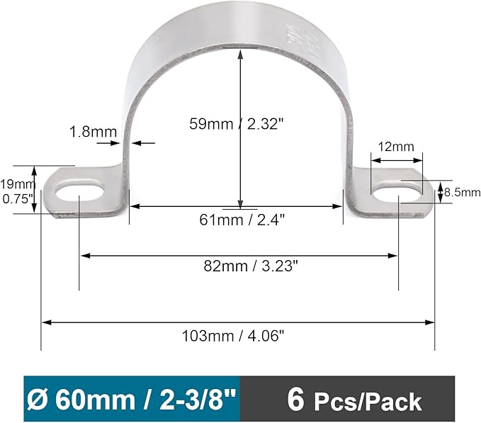6 pcs 2-3/8" Conduit Clamp 304 SS Pipe Support U Bracket, Tube Clamps for Cable/Water Pipe/Pipe, Heavy Duty Pipe Clamp | OD 2-3/8" | 6 pcs