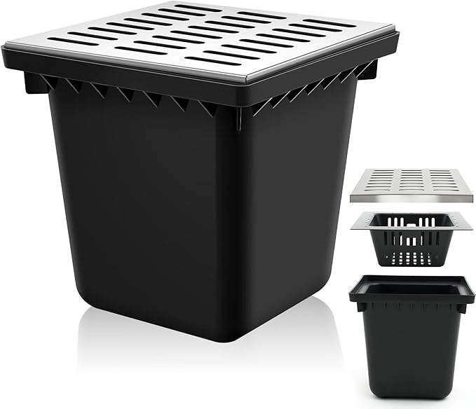 Catch Basin with 304 Stainless Steel Grate 18 x 18 x 15 Inch Square Large Catch Basin for Drainage with Debris Basket French Drain Without Reserved Hole for Yard, Downspout, Municipal Pipeline