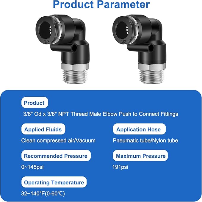 10 Pcs Push to Connect Fittings 3/8 Inch Tube OD x 3/8 Inch NPT Thread Pneumatic Male Elbow Quick Connect Air line fittings