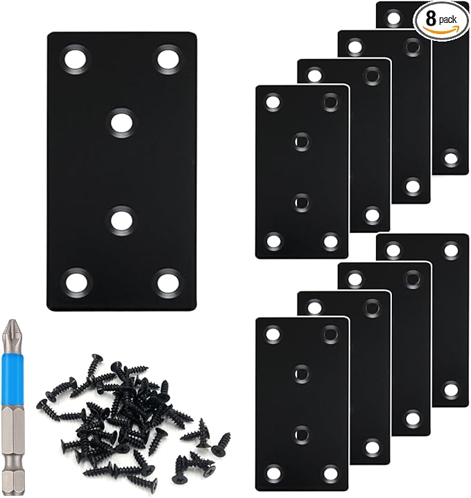 QSJ 8 Pack Black Flat Mending Plate 3.15x1.57'', Stainless Steel Bracket, Straight Metal Brace Bracket, Fixing Joining Plate for Wood Furniture Fastening & Fixing