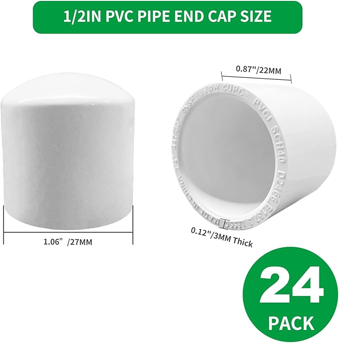 LESSO 0.5 inch PVC Pipe End Cap | 24 PackSchedule 40 Industrial Pipe Fittings 1/2" PVC Pipe External Plug Adapter for Build Furniture DIY Garden Shelf, White