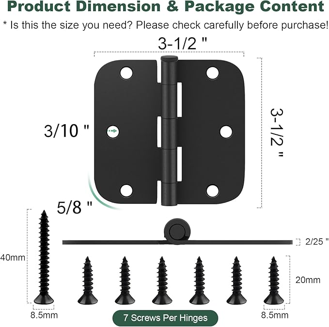 Estmoon 42 Pack Matte Black Door Hinges 3.5 x 3.5 Inch, 5/8" Radius Rounded Interior Hinges for Standard Doors, 6 Holes