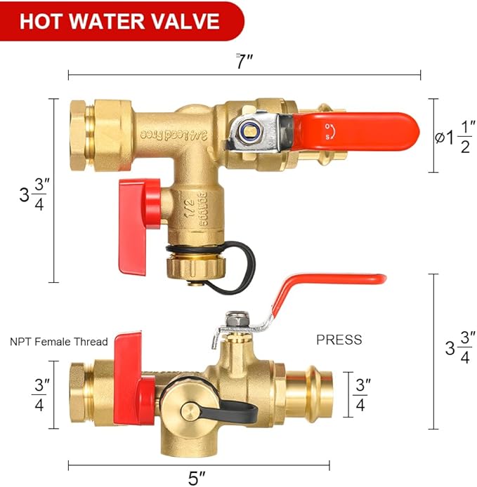 3/4 Inch FIP x 3/4 Inch Press EFIELD IPS Isolator Tankless Water Heater Service Valve Kit, with Pressure Relief Valve,(TOOL055)