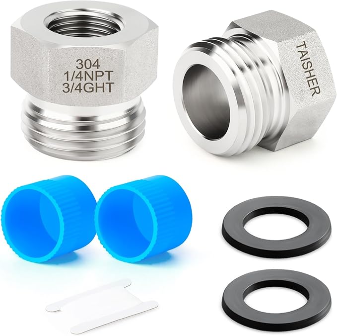 TAISHER 2PCS 304 Stainless Steel Garden Hose Adapter, Hex Bushing 3/4" GHT Male x 1/4" NPT Female Garden Hose Connector