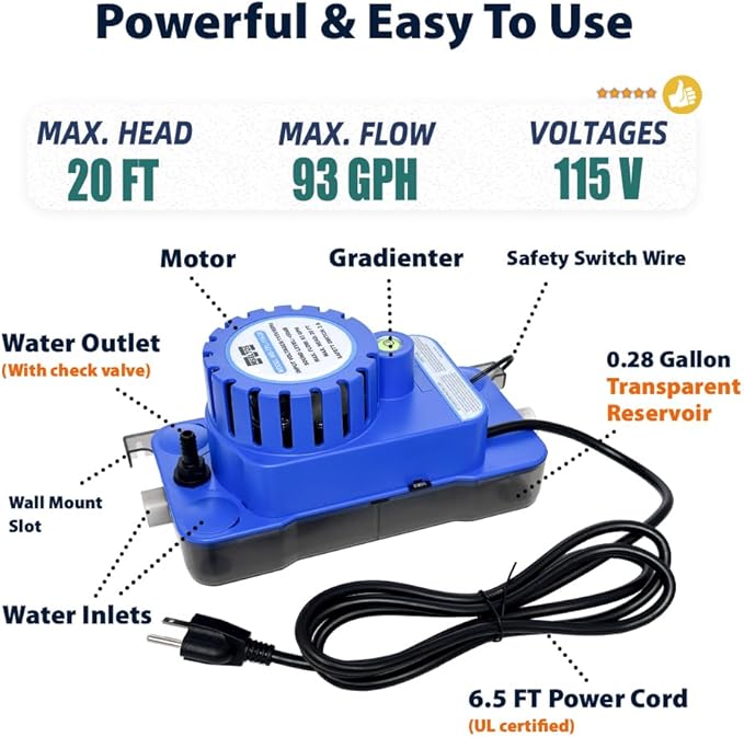 1/10 HP 93 GPH 20ft Max Head HVAC Condensate Pump, 115V w/Automatic Safety Switch, Removal Drain Pump for Air Conditioner, Dehumidifier, Ice Maker, Furnace, AC unit, Low Profile
