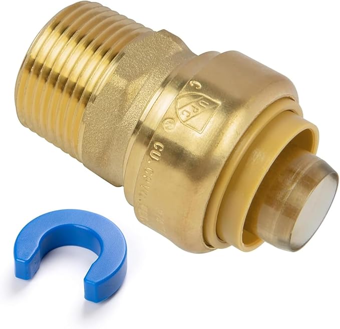3/4" PTC to 3/4" NPT Male Adapter Push-Fit, Push to Connect Brass Plumbing Fitting for Copper, CPVC, PEX Pipes, With Upgraded Stiffener, Disconnect Clip Included, NSF & UPC Certified