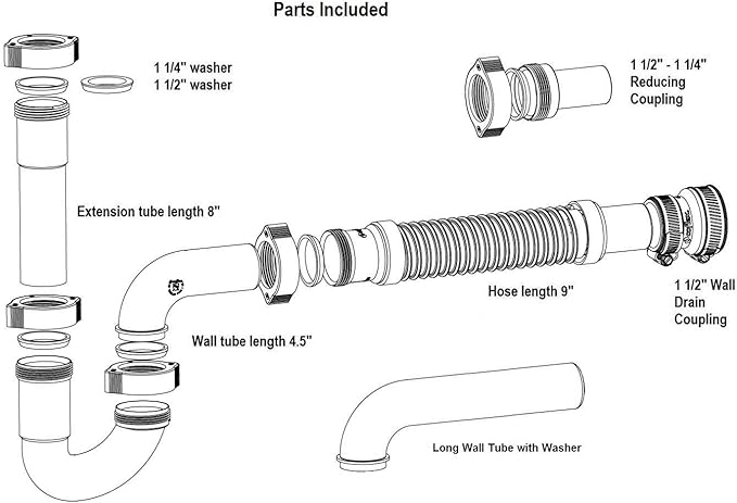 Snappy Trap Universal Flexible P Trap Bathroom Sink Drain Plumbing Kit, No Leaks, Easy No Tool Installation, 9-13 Inches Flexible Hose Length & 16 Inches Product Length (DK-105 Silver)