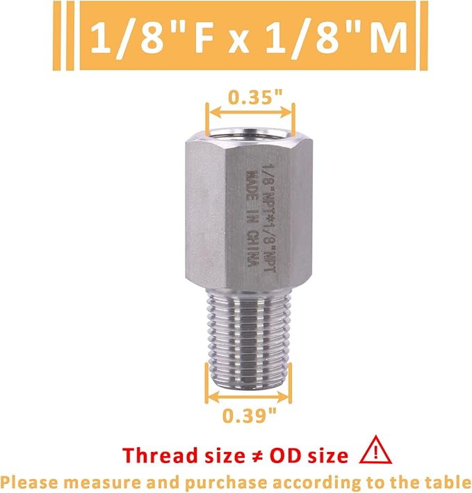 Forged Reducer Adapter Fitting - Stainless Steel 304 Reducing Pipe Connector, 1/8" NPT Female x 1/8" NPT Male (pack of 2)