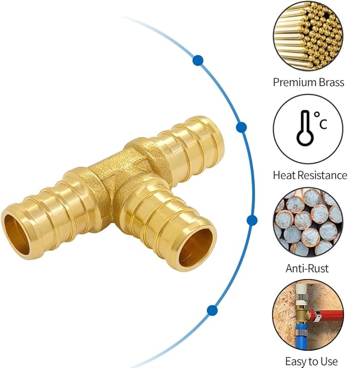 Hooshing 5PCS 1/2 Inch PEX Tee Fitting Soild Brass Barb Crimp Fittings For PEX Pipe Hose