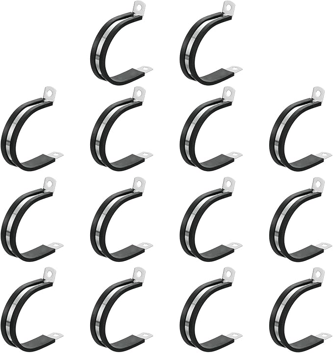 uxcell 1-7/8"(48mm) Cable Clamp, 304 Stainless Steel Rubber Cushioned Insulated Clamp R Shape Metal Clamp Tube Holder for Pipe Hose Wire Cord Installation 14Pcs