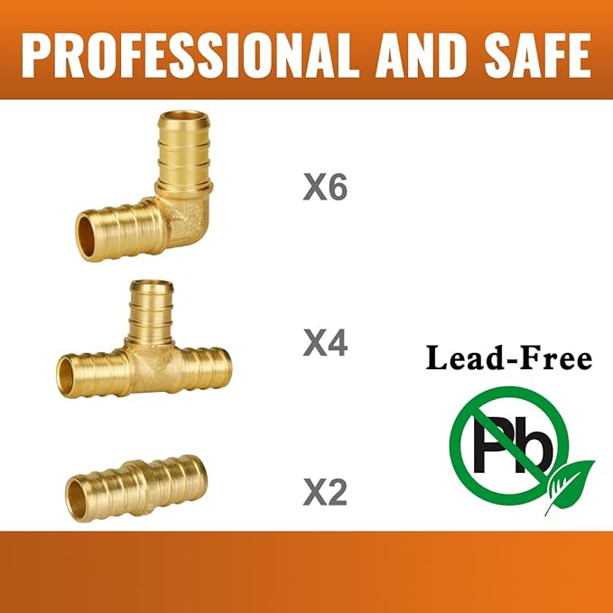 12-Pack SUNGATOR 1/2 Inch PEX 90 Degree Elbow (6) + Tee (4) + Coupling (2) Brass Crimp Fittings, No Lead for Multiple PEX Plumbing Projects