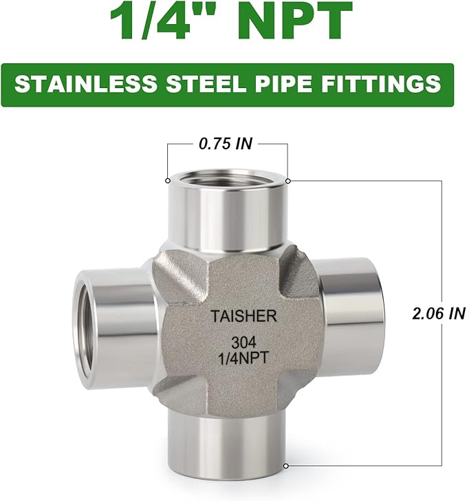 TAISHER 1PCS Forging of 304 Stainless Steel 4 Way Pipe Fittings, 1/4" x 1/4" x 1/4" x 1/4" NPT Female Pipe Fittings