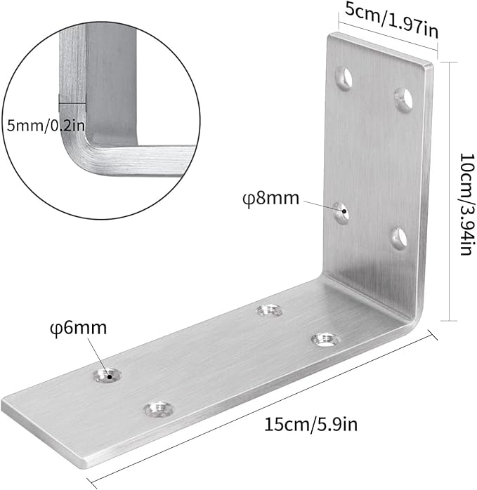 YUMORE Shelf Bracket Heavy Duty 6x4x2 in, 1/5IN Extra Thick Solid L Brackets Stainless Steel Countertop Bar Top Support Brackets Wall Mounted, Includes Hardware, 2 Pack